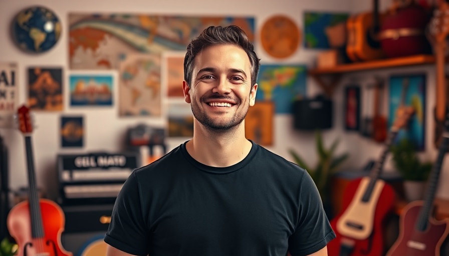 Man in RV travel-themed studio, smiling for live session.