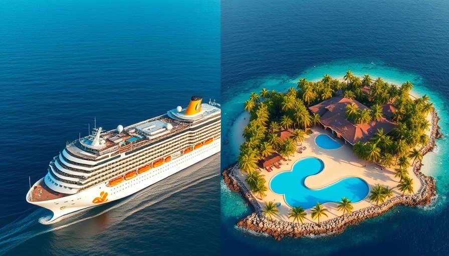 Vibrant RV Travel split image with cruise ship and tropical island.