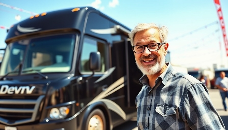 RV Travel at an RV show with a man happily pointing at a black RV van.