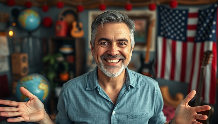 RV Travel enthusiast presenting in a vibrant studio backdrop.