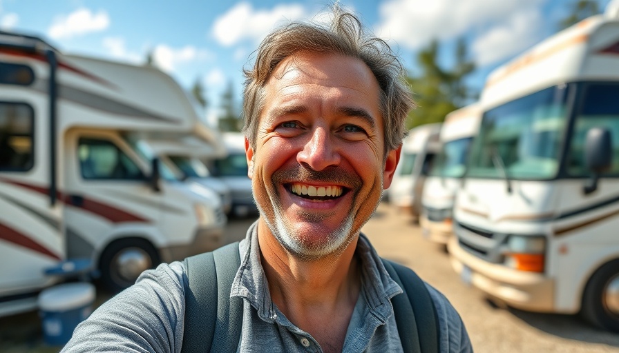 Middle-aged man enjoying RV travel at a campground, bright daytime.