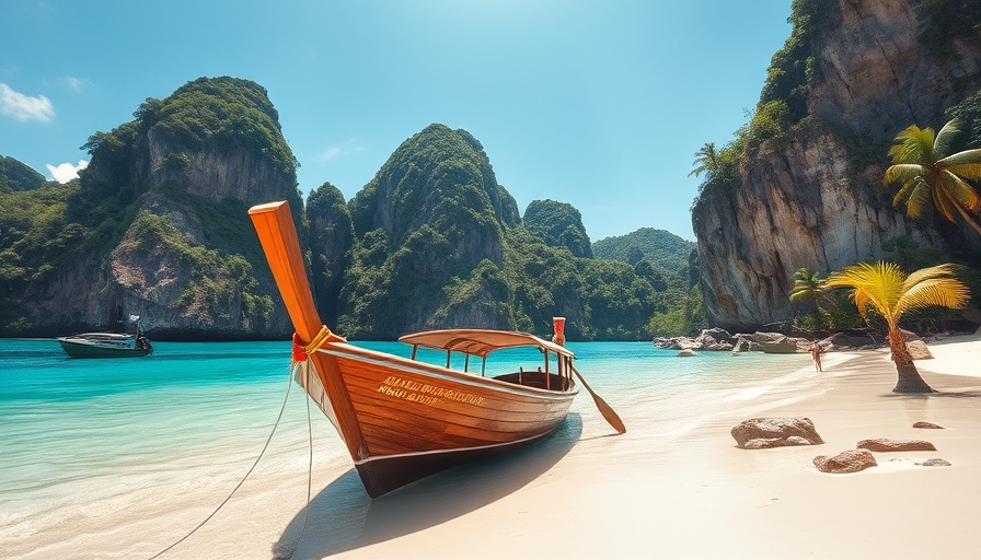 Scenic travel destination, tropical paradise with boat and cliffs.