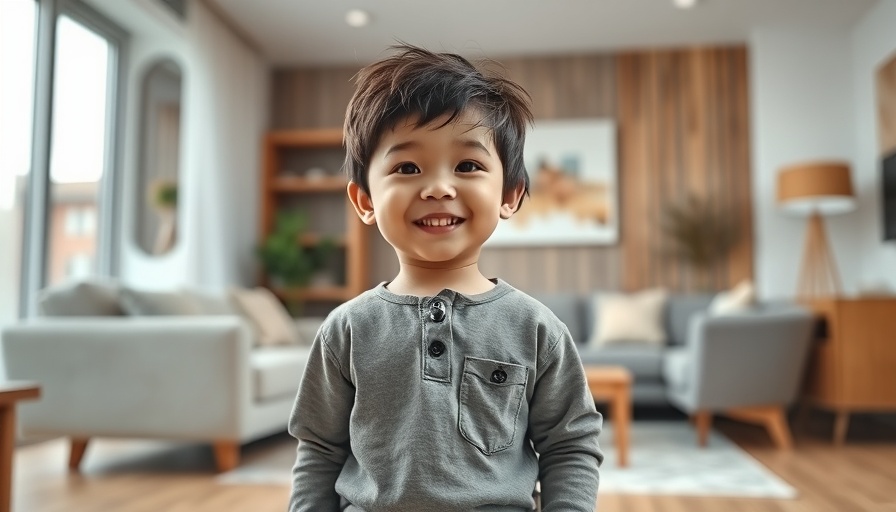 Young child smiling warmly in a modern living room.