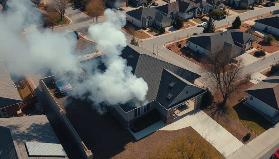 Suburban house with smoke rising from roof, aerial view.