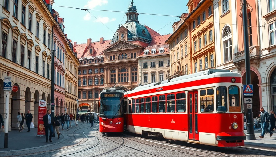 Vibrant Prague street scene with tram and historic buildings, Prague travel tips.