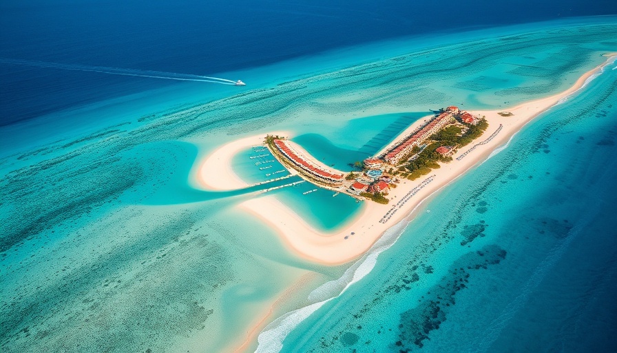 Arial view of best vacation destinations with vibrant coastline and resorts.