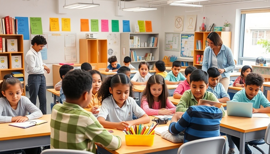Inclusive classroom with students and teachers engaging, emphasizing integration of students with disabilities.