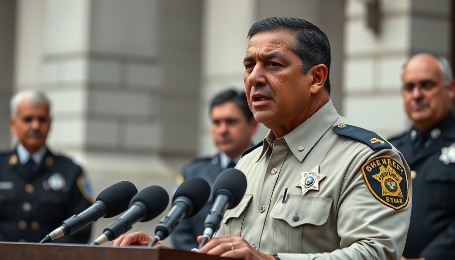 Sheriff giving a press conference, surrounded by officials, outdoors.