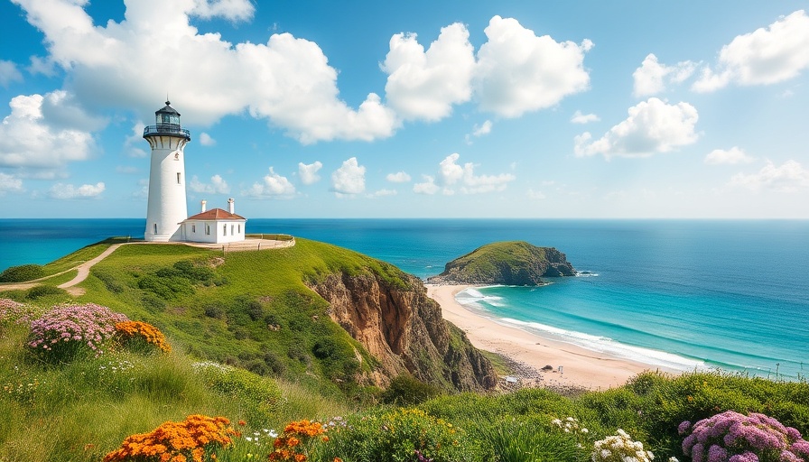Puerto Rico's vibrant coastline with lighthouse and flowers.