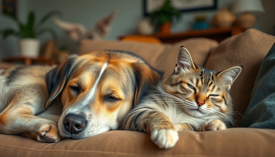 Senior dog and cat relaxing together, highlighting senior pet health.