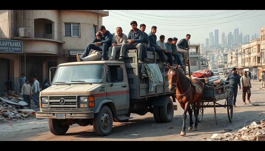 Conflict zone scene with children on truck amid Israeli strikes in Gaza.