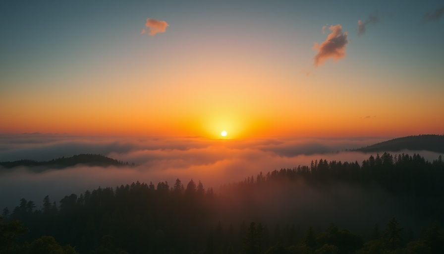Weather updates: Sunrise over misty landscape with fog.