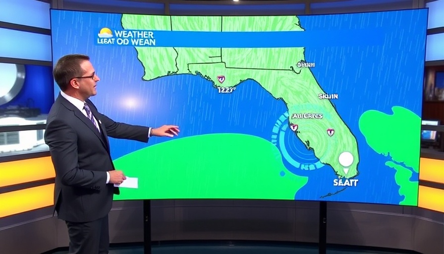 Weather presenter providing updates on rain in South Florida.