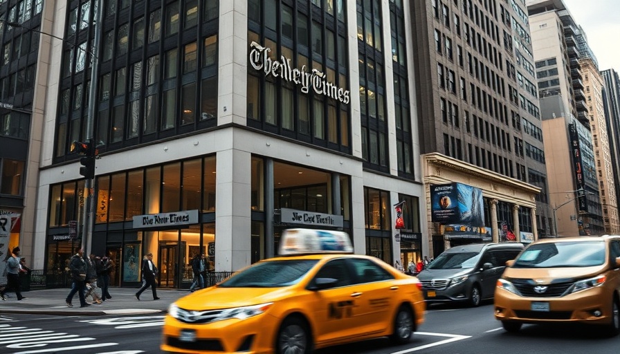 The New York Times building with NYC taxi in foreground, linked to Trump's intimidation tactics against reporters.