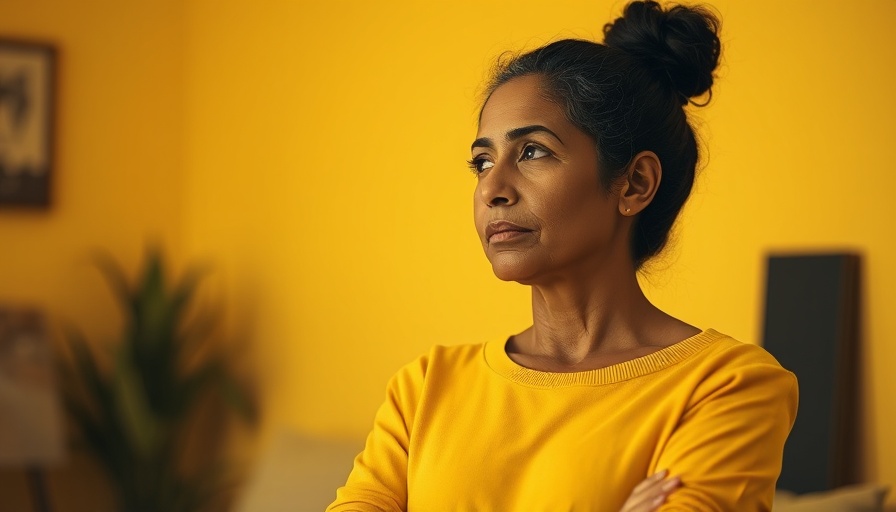 Woman contemplating health, reflecting on menopause symptoms and support.
