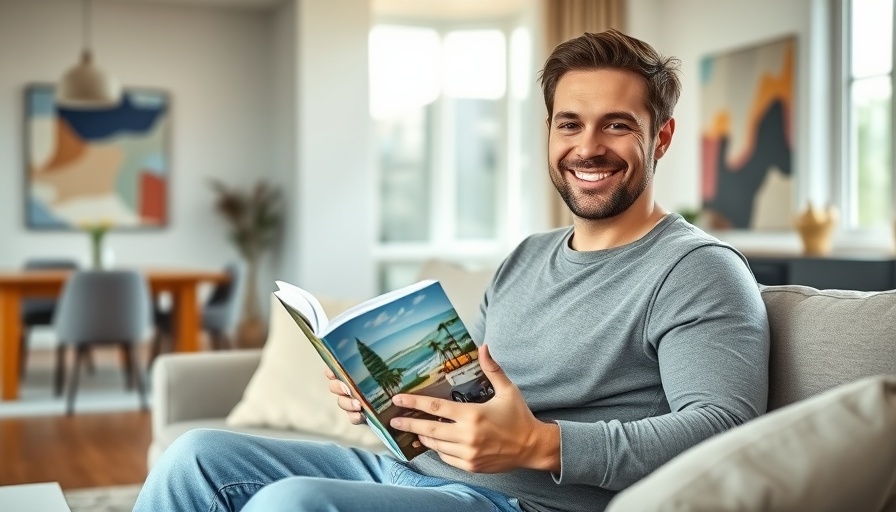 Smiling man showcasing a budget travel book in cozy living room.