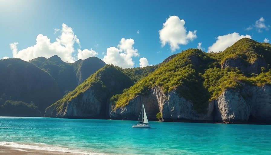 Travel Destinations: Idyllic Vanuatu beach with sailboat.