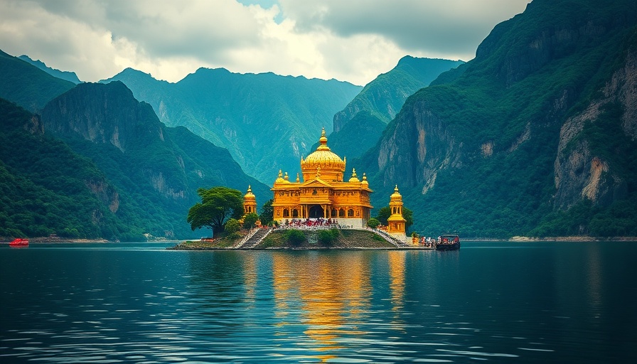Scenic views of a magnificent golden temple on a tranquil island.