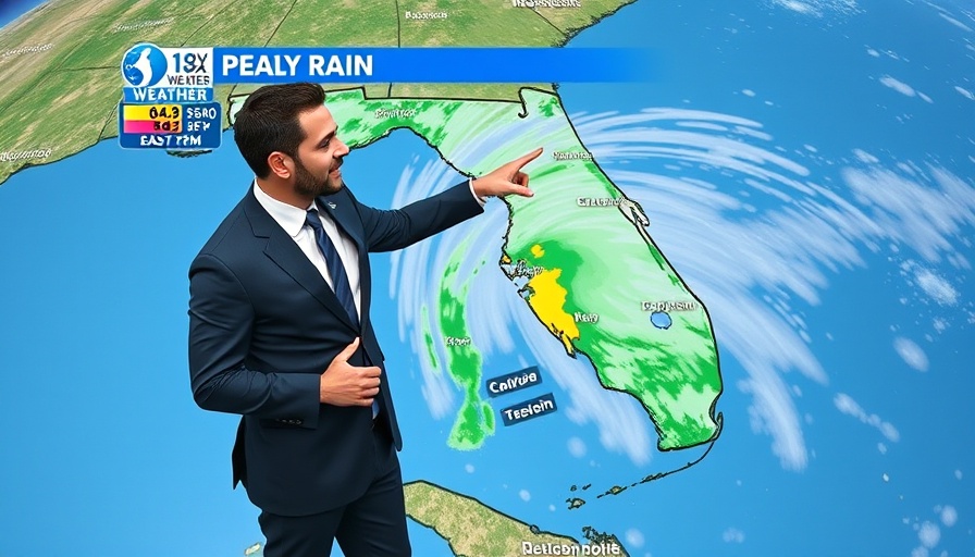 TV weather presenter discussing Central Florida weather forecast with rain map.