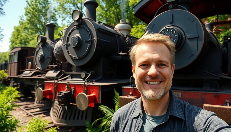 Scenic historic trains in forest, with smiling visitor
