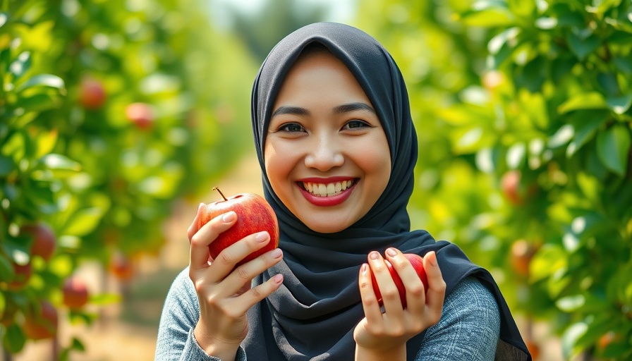 Woman smiling in orchard holding apple, lush greenery in background.