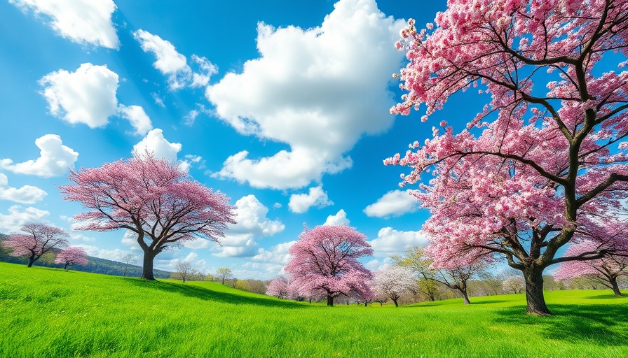 Scenic views of a vibrant spring landscape with blooming trees.
