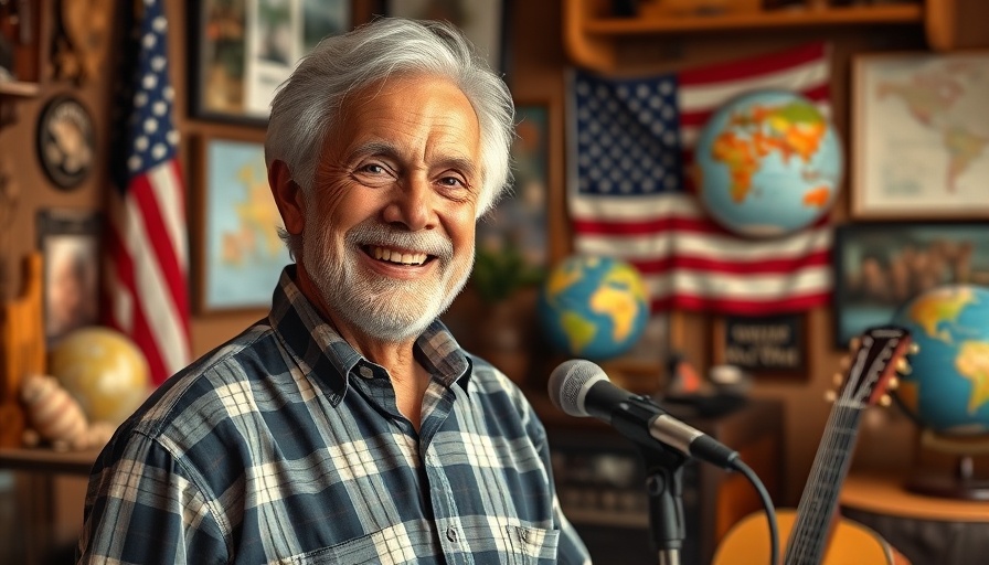 Cheerful man in travel-themed room, RV Travel items.
