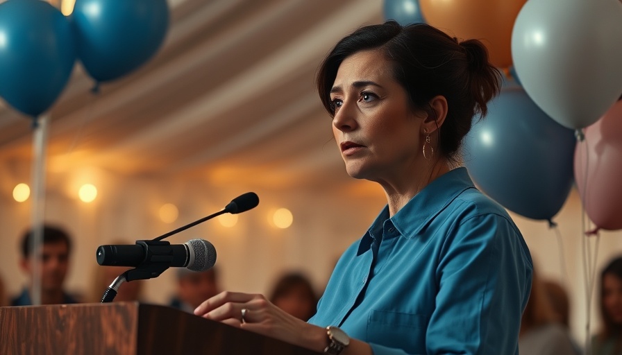 Orlando News: somber woman at podium with balloons, soft lighting.