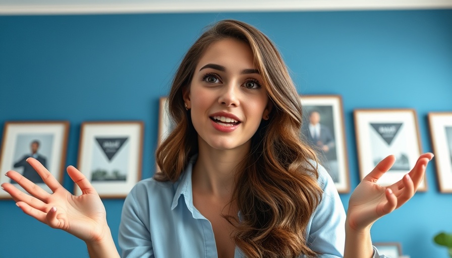 Young woman discussing, virtual meeting backdrop with blue walls.