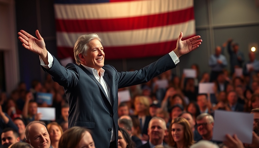 Public figure engaging with audience in front of American flag backdrop.