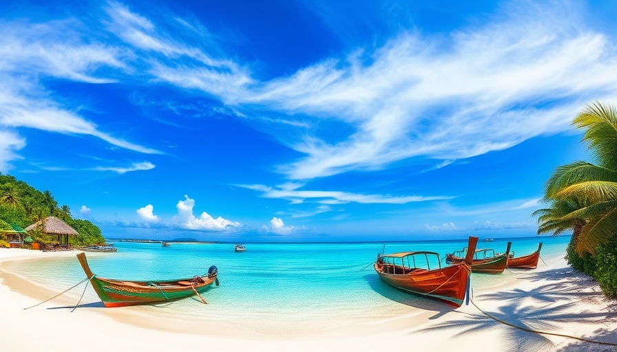 Scenic view of Gili Island beach with huts and boats under blue sky.