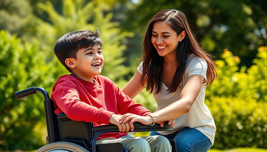 Supportive caregiving beyond age, young woman helping child in wheelchair outdoors.