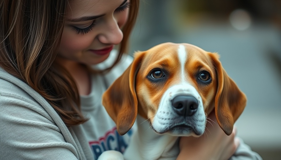 Concerned young woman cuddles Beagle, reflecting cognitive dysfunction in pets.
