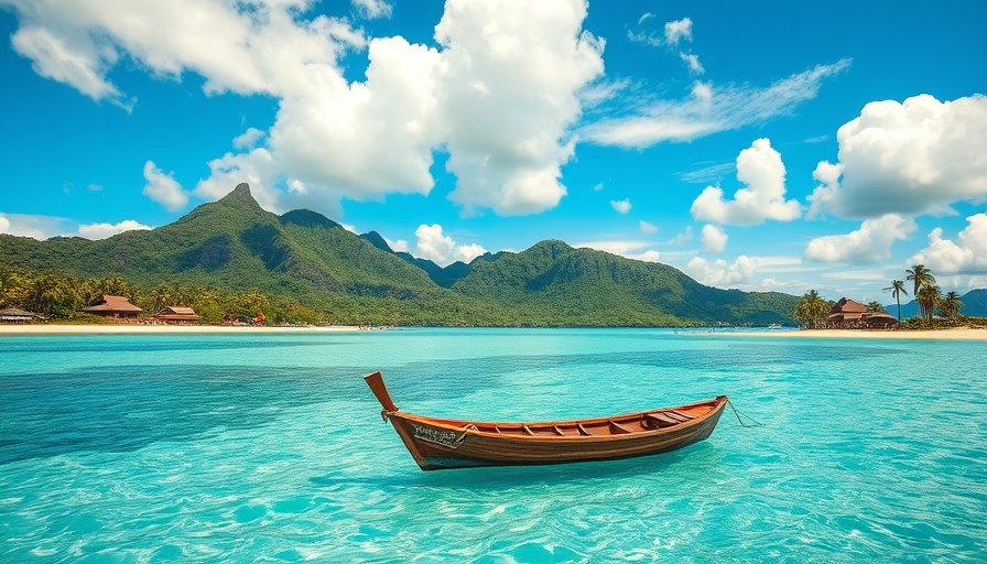 Tropical beach in Mauritius with turquoise waters, a boat, and lush mountains.