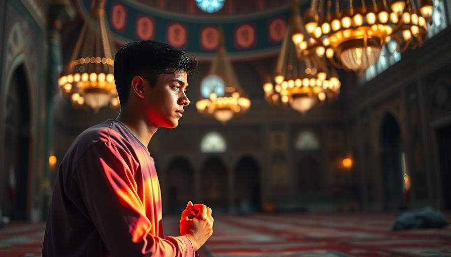 Young man praying in a mosque illuminated by colorful light; Muslim Endowments Bill India context.