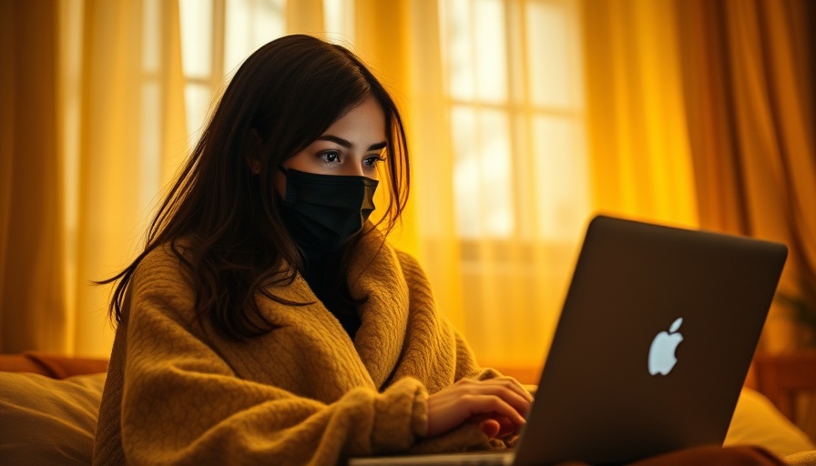 Woman focused on health and wellness content, wrapped in a blanket, wearing a mask, using a laptop, cozy setting.