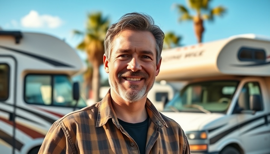 Middle-aged man enjoying RV travel at a sunny campground.