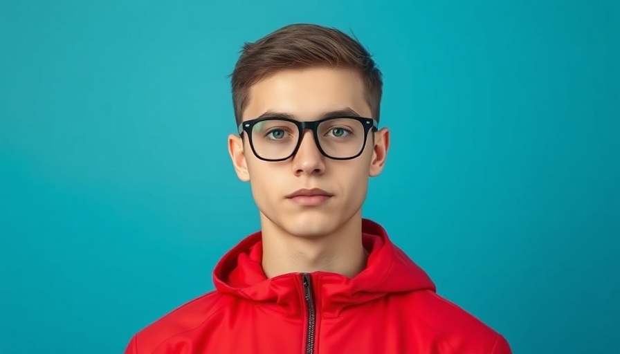 Young male in red jacket and glasses, neutral expression, blue background.