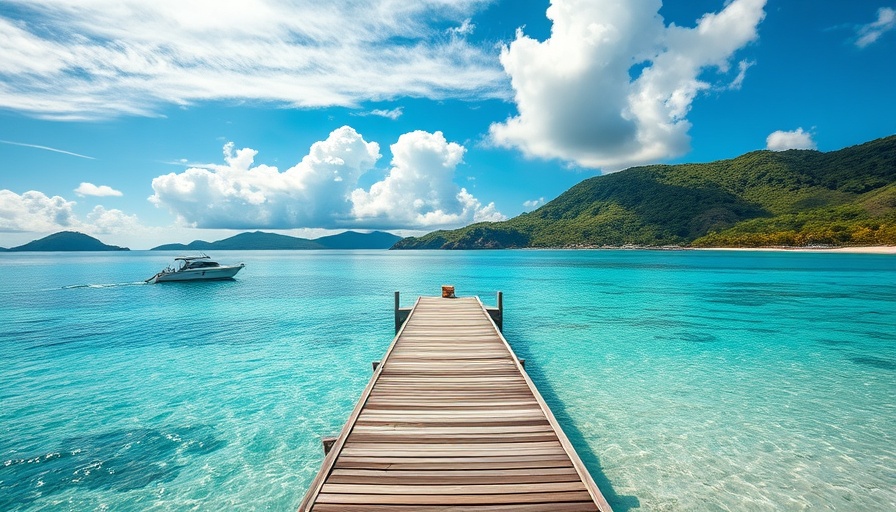 Tropical island with pier and boat for Alcatraz Island travel destinations.