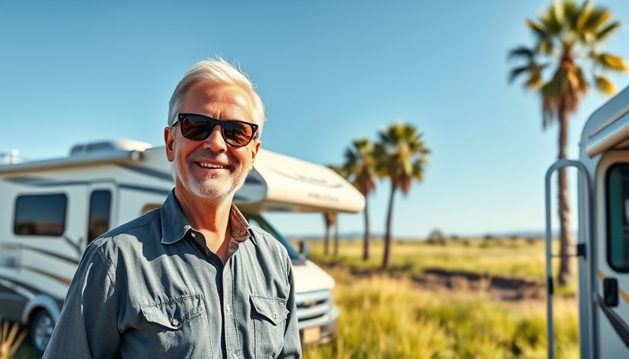 Man enjoying RV travel, standing next to his vehicle.
