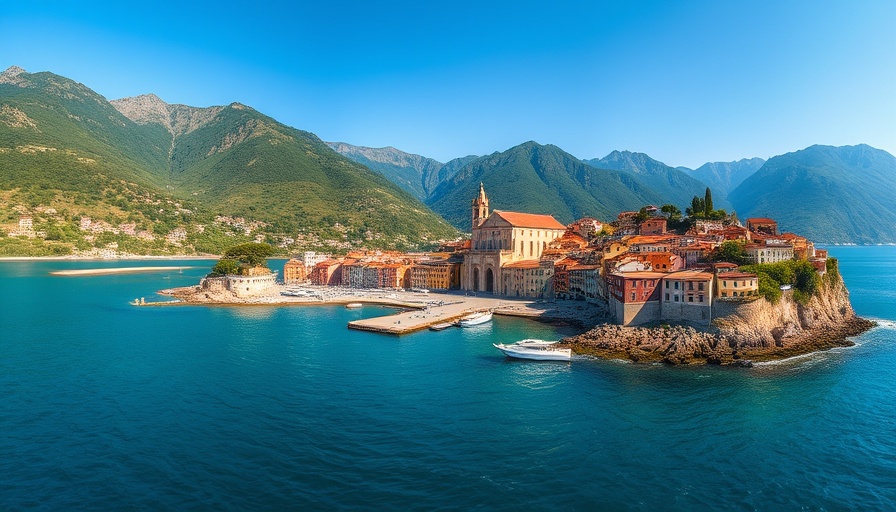 Abruzzo travel destination with coastal village and mountains.
