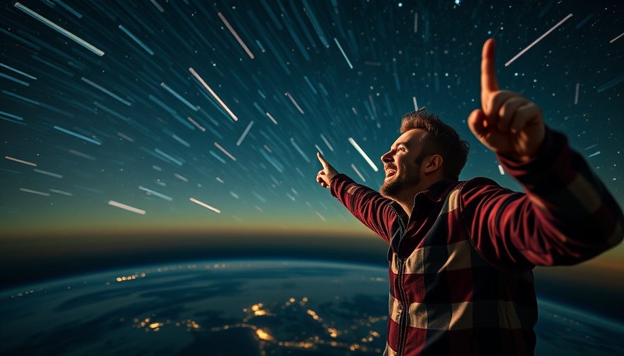 Enthusiastic man points at Lyrids meteor shower with Earth horizon.