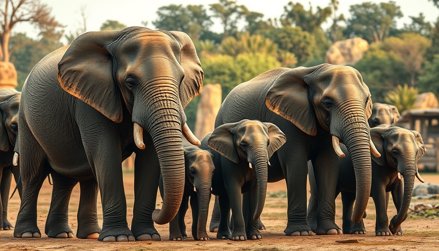 Elephants standing protectively around calves in a zoo enclosure.