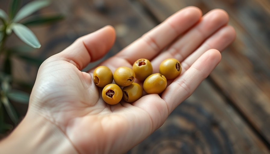 Close-up of hand holding green olives, symbolizing health and wellness.