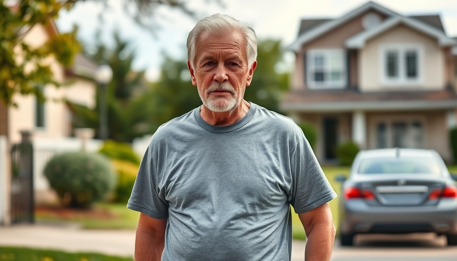Elderly man stands outside, suburban neighborhood, Hurricane Katrina impacts setting.
