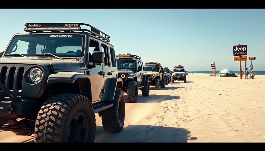 Vehicles driving at Jeep Beach event Daytona, sunny beach day.