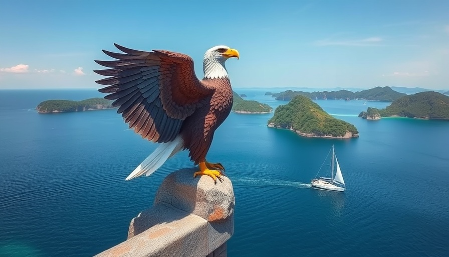 Travel Destinations: Majestic eagle statue by blue waters, Langkawi.