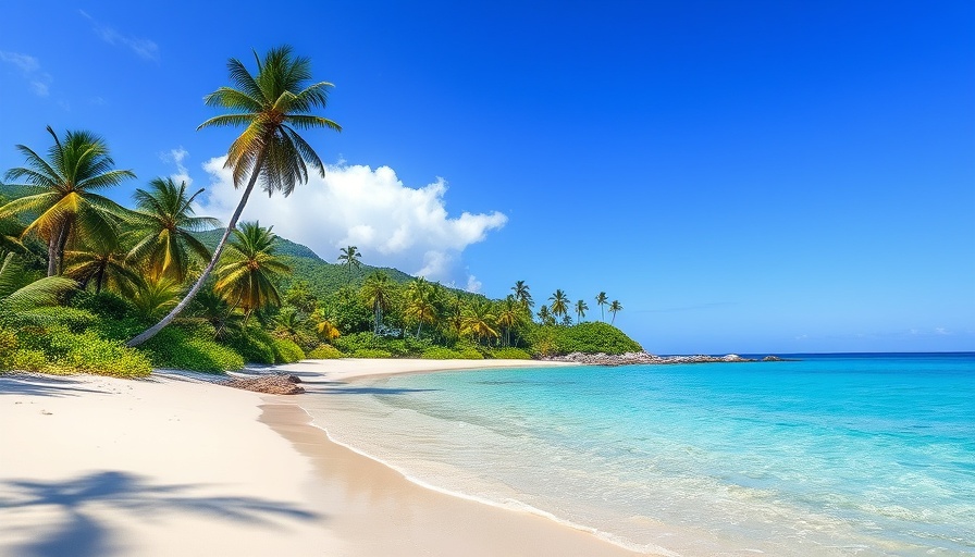 Scenic Views of a tropical island beach with palm trees and blue waters.