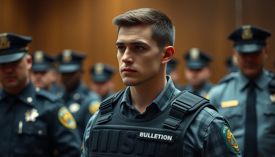 Young man in court wearing bulletproof vest with police presence.