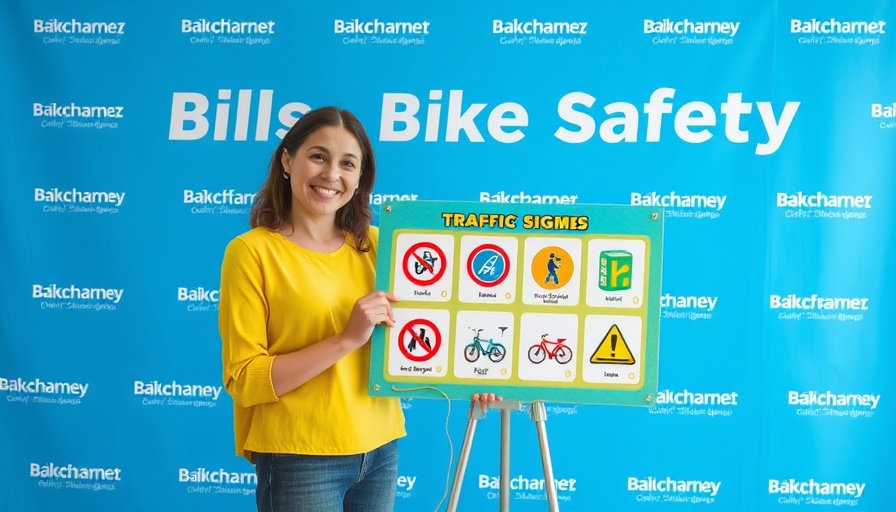 Colorful bike safety education game with presenter, teaching children.